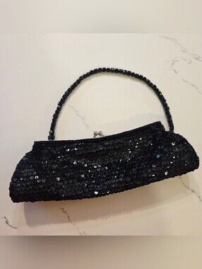 Vintage Regale Black Beaded Sequin Evening Bag Clutch Purse Inside Pocket Strap